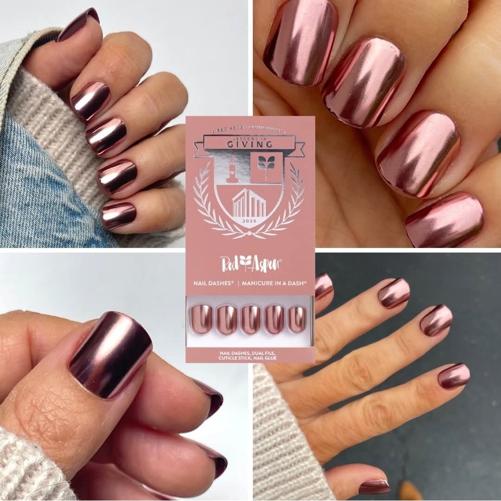 NEW 𝙍𝙚𝙙 𝘼𝙨𝙥𝙚𝙣 Press-On Rose Gold Chrome Short Square Lessons in Giving